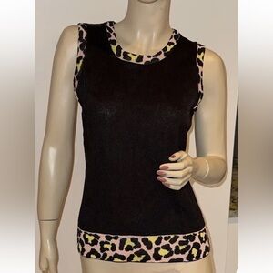St John Black Yellow Pink Leopard Print Santana Knit Shell Tank Top